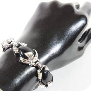 Vintage Emmons Silver Tone and Faux Onyx Bracelet 1970's
